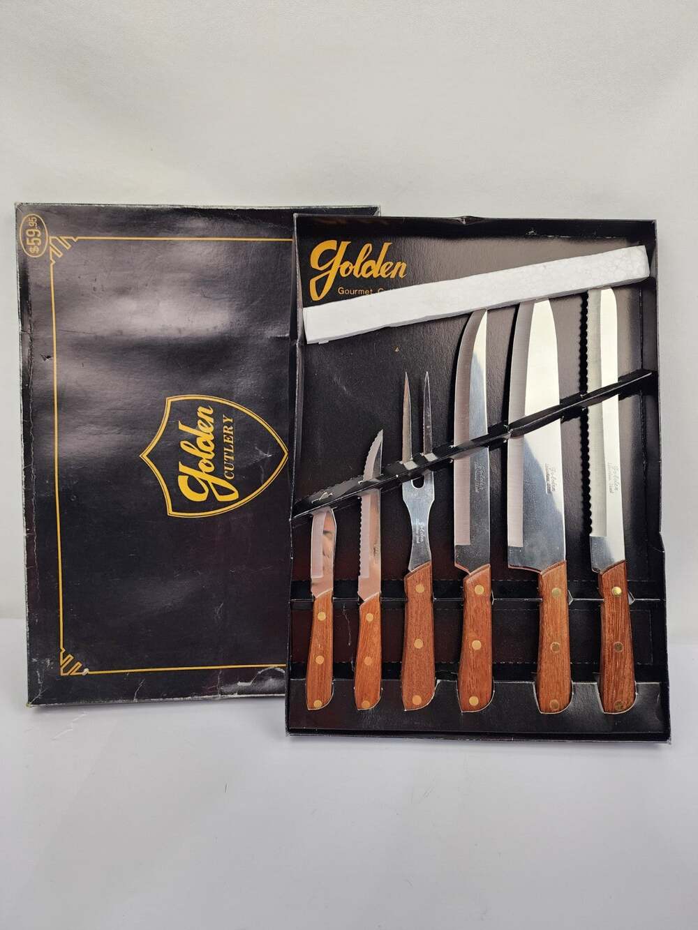 Golden Cutlery 6pc Vtg Carving Set New in Box Bread Chef Steak & Paring Knives
